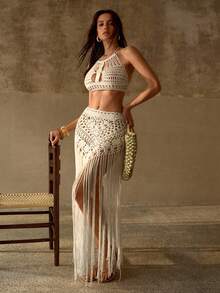 PREMIUM HANDMADE CROCHET ROMANTIC HALTER NECK TOP & TEXTURE TASSEL SKIRT BOHEMIAN RESORT KNIT COVER-UP SET - Beige - View 5