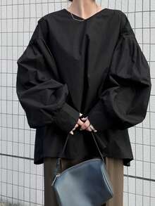 FRIFUL Women's Solid Black Round Neck Drop Shoulder Loose Casual Patchwork Blouse, Versatile Spring Outfit - Black - View 3