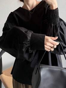 FRIFUL Women's Solid Black Round Neck Drop Shoulder Loose Casual Patchwork Blouse, Versatile Spring Outfit - Black - View 6