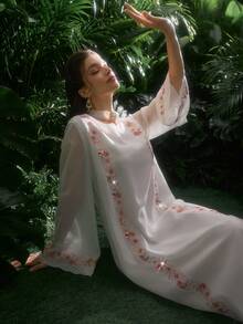 Al Najma Sequin Patchwork Embroidered Floral Trim Solid Color Chiffon Blouse - White - View 3