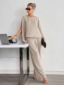 Siren Gaze Minimalist, Loose-Fitting, Flowing Two-Piece Suit For Women; A Sophisticated Summer Choice; Featuring A Top And Wide-Leg Trousers; Simple Yet Elegant Women's Clothing Spring - Apricot - View 1