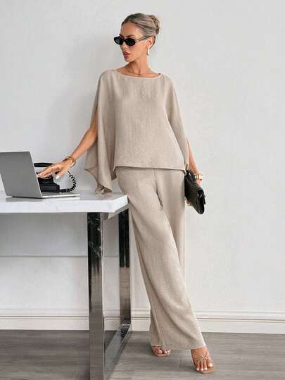 Siren Gaze Minimalist, Loose-Fitting, Flowing Two-Piece Suit For Women; A Sophisticated Summer Choice; Featuring A Top And Wide-Leg Trousers; Simple Yet Elegant Women's Clothing Spring