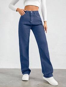 100%Cotton Slant Pocket Straight Leg Jeans - Royal Blue - View 5