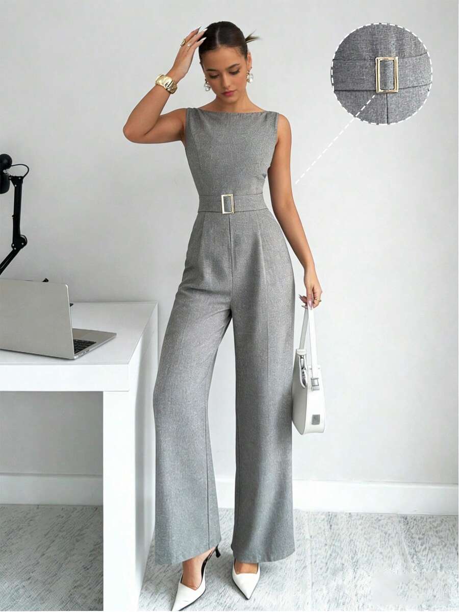 Rafferiza 法式浪漫无袖高腰带光滑面料金属扣装饰阔腿直筒女式连体裤女士夏季服装女士办公服装外出服装喇叭连体裤无袖连体裤裤装女士优雅连体裤女士连体裤 - 灰色 - 查看 1