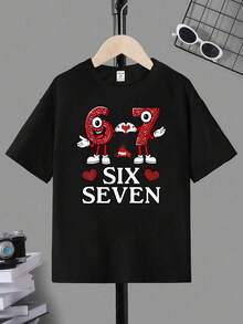 SHEIN GraphicGems 1 pièce T-shirt à manches courtes pour garçons pré-adolescents, style décontracté et créatif, personnalisé, rafraîchissant, minimaliste et chic, avec imprimé cœur floral, numéro 67 et lettrage. Tenue confortable adaptée pour le printemps, l'été et la Saint-Valentin - Noir - Voir 3