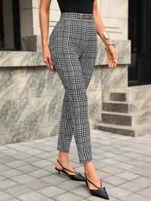 Editum 女士新款优雅高腰显瘦格子针织弹力修身口袋裤，适合工作及多种场合穿着 - 黑與白 - 查看 6