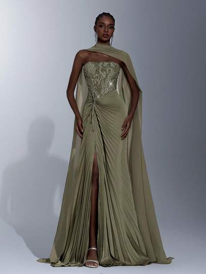 Glamrae 优雅橄榄绿波浪形串珠蕾丝缎面拼接无肩带薄纱长袖鱼尾高开衩长裙，适合约会、婚礼、派对、晚宴、度假等场合。