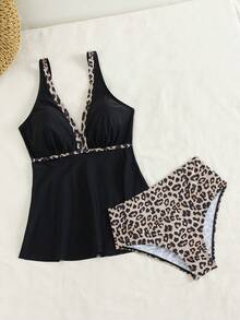 Swim Lushoire Women's Beach Music Festival Leopard Print Patchwork V-Neck Wide Strap Flowy High Waist Swimsuit Two Pieces Set, Spring/Summer - Multicolor - View 6