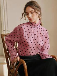 Anewsta Romantic Vacation Style Valentine's Day Pink & Black Polka Dot Ruffle Collar Long Sleeve Blouse For Women - Pink - View 3