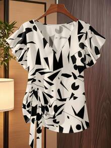 GlowEve CURVE Plus Size Women Casual Versatile New Knotted V-Neck Asymmetrical Blouse, Spring/Summer - Multicolor - View 8