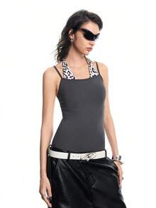 Airlisse Women's Chic Leopard Print Spaghetti Strap Backless Bodysuit,Elegant Gray Summer Everyday Cheetah Y2K Yoga Top Tummy Control Bathing Suit - Grey - View 6