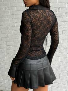 Jeanoix Sheer Fabric Black Collared Blouse For Women Button Down Long Regular Sleeve Top - Black - View 2
