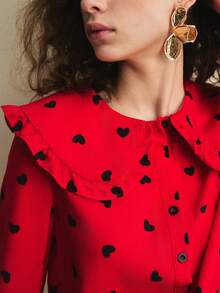 Écloséra New French Retro Spring Break Outfits For Women, Summer Tops, Summer Shirts, Valentine's Day Shirts, Valentine's Day Heart-Shaped Tops, Peter Pan Collar Open Placket Shirts, Red Shirts, Red Tops, Elegant Women's Tops, Elegant Women's Shirts, Casual Women's Shirts, Casual Women's Tops. - Red - View 2