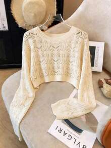 Chiquease 新款夏季极简镂空短款针织毛衣，女式钩编蕾丝短款上衣，70年代西部牛仔短款上衣，女式钩编短款套头衫，女式针织两件套短款毛衣，女式针织上衣，夏季套头衫，女式针织上衣，短款毛衣，女式针织上衣，奶油色短款毛衣，女式钩编上衣 - 米色 - 查看 3
