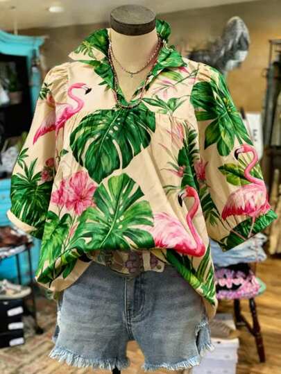 Voyazaga Spring/Summer Fashion Casual Resort Wear Versatile Everyday Women's Flamingo Leaf Print Pattern Plus Size V-Neck Pullover Short-Sleeve Shirt Women's Beachwear