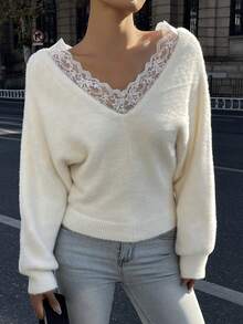DAZY Women's Lace Patchwork V-Neck Fitted Long Sleeve White Sweater - White - View 2
