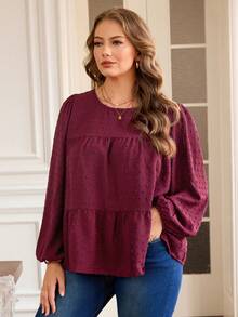 Rosumi 大码女式休闲宽松灯笼袖荷叶边下摆衬衫 - 酒紅色 - 查看 5