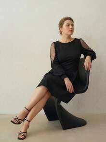 MOTF PREMIUM 大码优雅约会之夜网纱拼接灯笼袖收腰褶裥下摆短连衣裙 - 黑色 - 查看 6