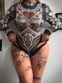 Whyspr 加大码圆领立领长袖网纱印花爱心红玫瑰优雅复古朋克哥特风休闲连体衣，适合万圣节 - 黑色 - 查看 6