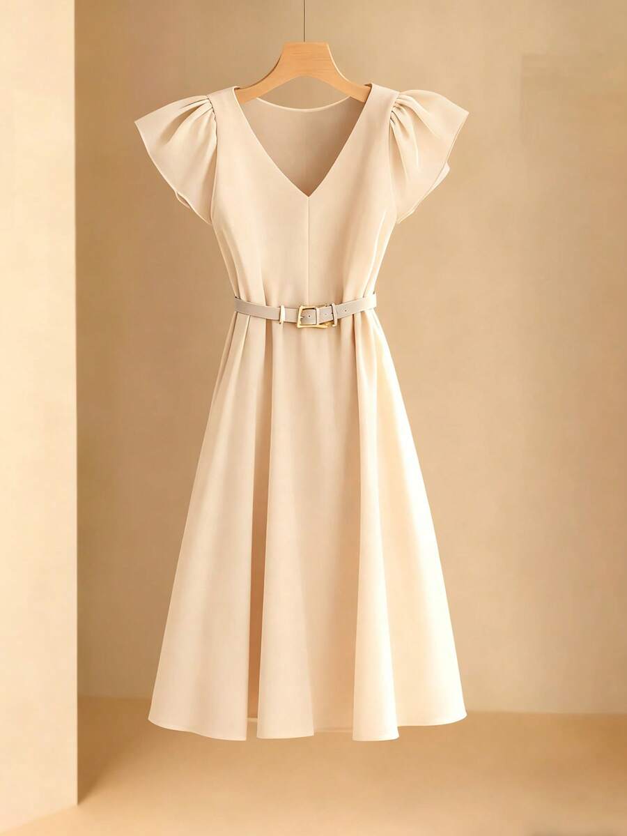 GlowEve 女士优雅简约V领无袖荷叶边收腰修身休闲连衣裙，适合夏季通勤 - 杏色 - 查看 1