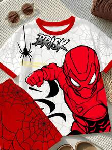 SHEIN Young Boy Casual T-Shirt Set, Classic Cool Cartoon Spider Hero, Spider Pattern, Spider Web, Graphic Print, Suitable For Spring/Summer