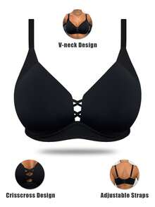 DesireSculpt Women's Comfortable Solid Sexy Romantic & Simple Cross Strap Wire-Free Soft Cup Anti-Sagging Bra - Black - View 5