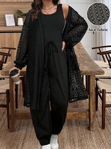 Vionelle 大码女式法式休闲优雅长袖外套和无袖连体裤两件套 - 黑色 - 查看 3