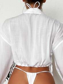 Swim Vcay Summer Beach Solid Drawstring Side Button Front Cover Up Top - White - View 2