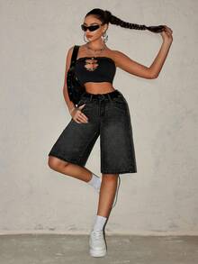 SHEIN Tall 女士休闲时尚街头百慕大牛仔短裤，适合日常通勤和夏季穿着 - 黑色 - 查看 6