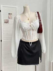 Comfortcana 大码女式灯笼袖蕾丝拼接方领垫肩衬衫，浪漫约会派对必备，白色，秋冬款 - 白色 - 查看 13