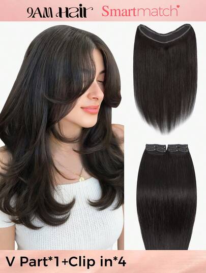 SMART&MATCH V Part + 4pcs With 8 Clips Straight Clip In Hair Extensions 100% Real Human Hair Color #NC Natural Black Double Weft Invisible Clip Hair Extensions Remy Natural Human Hair Easy To Shape For Thin Hair Or Salon Use And For All Women/Girls Daily Use