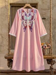 SHEIN 少女宽松休闲超长蝴蝶图案花卉V领睡袍，度假风