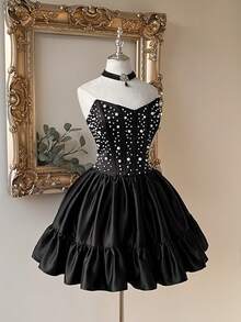 Lovelzi Elegant, Romantic, Fashionable Black Satin Beaded Mermaid A-Line Formal Party Dress, Wedding Guest Dress, Black Cocktail Dress, Single Party, Prom Dress - Black - View 6