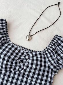 SHEIN 少女复古格子荷叶边A字衬衫，休闲学院风 - 黑與白 - 查看 3