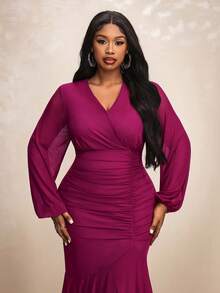Truni Plus Size Elegant Solid Color Lantern Sleeve Dress, For Pear & Triangle Body Shape - Red Violet - View 6