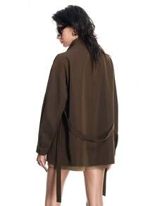 Airlisse Women's Fashion Asymmetric Utility Trench Coat With Wavy Hem Design And Lapel Collar - Brown - View 2