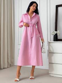 EURMUSE 女士粉白条纹衬衫裙 – 长袖纽扣领中长连衣裙，配腰带，休闲职场优雅春季装扮 - 粉色 - 查看 4