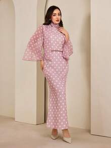 Graceveil 女士波点雪纺系腰两件套 - 藕粉色 - 查看 4