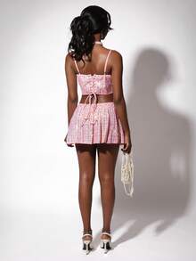 Amplova Women's Sequin Plaid Patchwork Camisole And Pleated Mini Skirt Fashion Set Cute Two Piece Set Skirt Two Piece Set - Pink - View 8