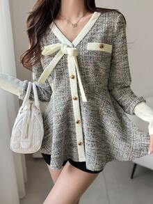 FRIFUL 女士V领金属纽扣装饰领蝴蝶结腰部荷叶边下摆衬衫 - 杏色 - 查看 8