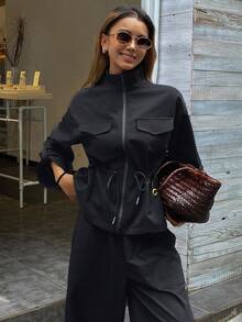 Livesso 女士高领宽松上衣和休闲裤两件套，秋冬季 - 藏蓝色 - 查看 6