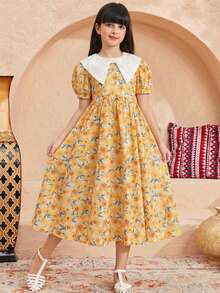 SHEIN 少女休闲度假碎花撞色彼得潘领连衣裙 - 黃色 - 查看 7