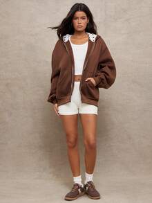 WESTFADE 波点图案带衬里连帽拉链前袋长筒袖连帽卫衣外套 - 棕色 - 查看 3