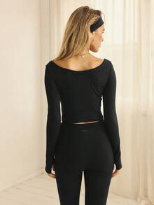 Aralina Leisurewear Trim Detail Low V Neck Long Sleeve Active Gym Workout Ballet Top With Thumb Holes - Black - View 2