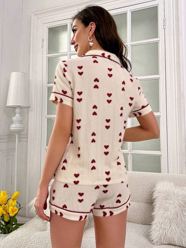 Heart Print Contrast Piping PJ Set / Pajama Set - Beige - View 2