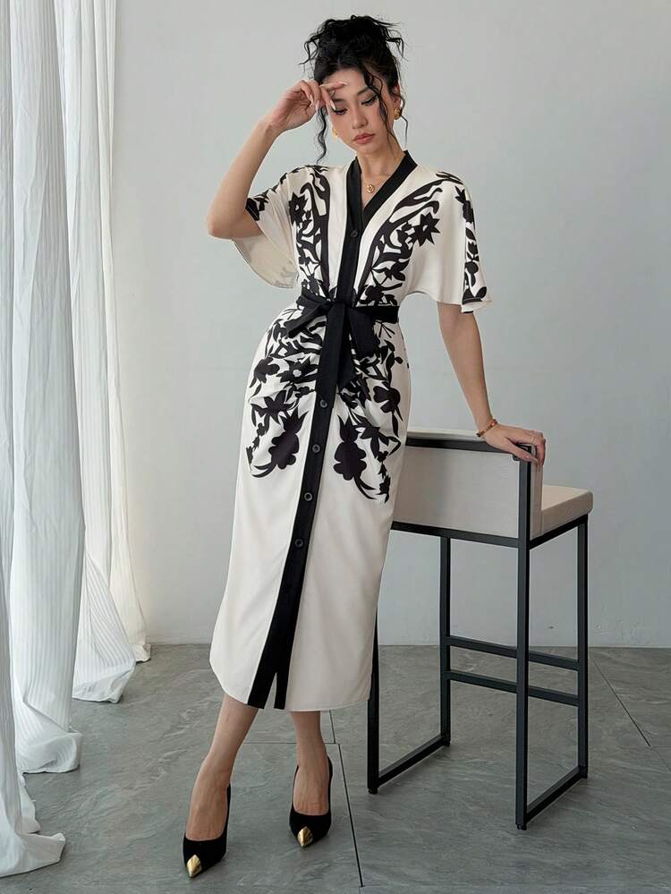 Women's Elegant Contrast Color Patchwork Floral Belted Pleated Dress, Summer Wedding Guest Dress Sundress