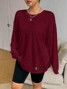 SHEIN EZwear Áo thun dài tay cổ tròn dáng rộng màu đỏ tía, cỡ lớn, phong cách thường ngày. - Màu Đỏ Sâu - Xem 4