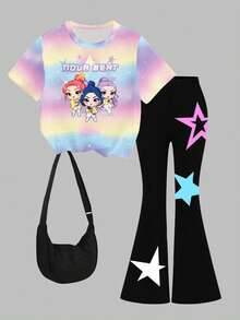两件套少女休闲时尚创意个性清新可爱简约虚拟女团Q版角色发髻女孩彩色五角星渐变印花短T恤和喇叭裤套装，舒适日常穿着，适合春、夏、秋季。 - 彩色 - 查看 7