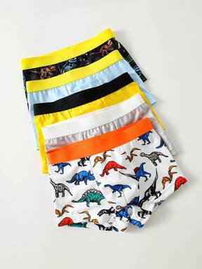 SHEIN paquete de 5 calzoncillos tipo bóxer casuales para niños pequeños con estampado sólido de color contrastante, diseños de dinosaurios y letras lindos y elásticos