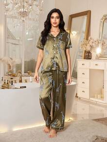 Striped Giraffe Print Button-Front Short Sleeve Satin Pajama Set - Olive Green - View 6